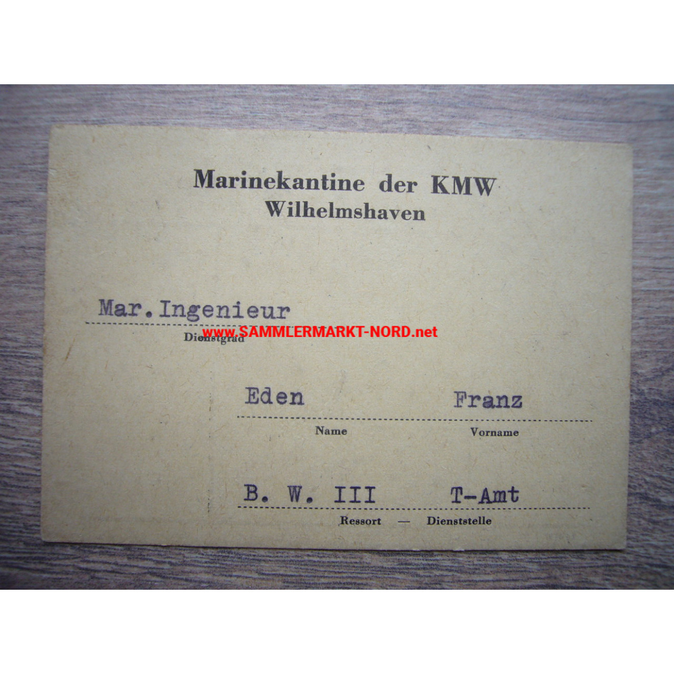 Kriegsmarine shipyard Wilhelmshaven - Canteen pass