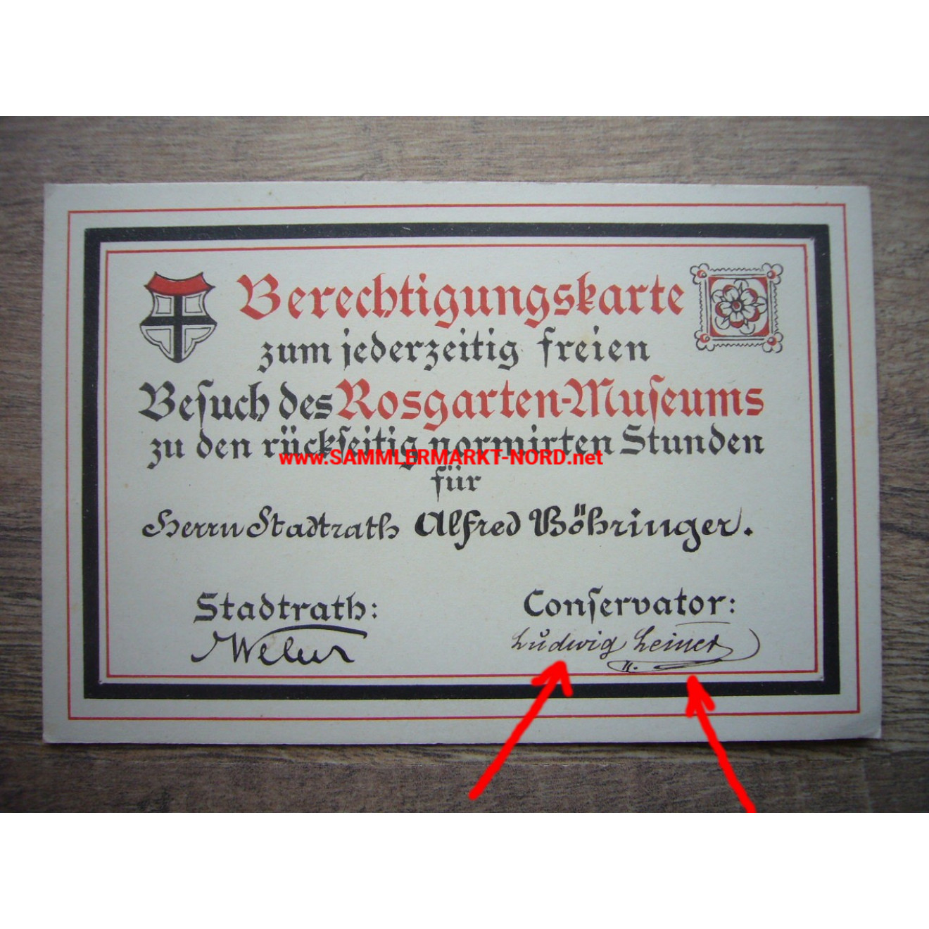 Rosgarten Museum Konstanz - Identity card - Museum founder LUDWIG LEINER - Autograph