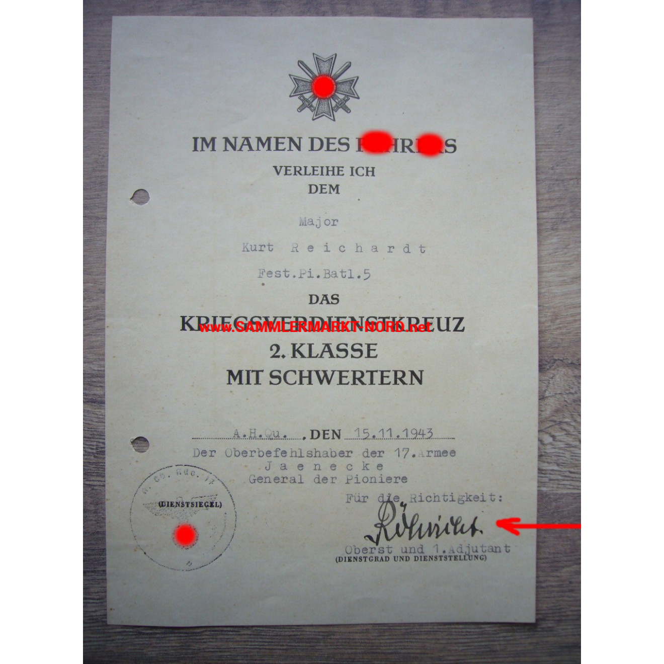 KVK Urkunde - 17. Armee - Oberst und Adjutant RÖHRICHT - Autograph