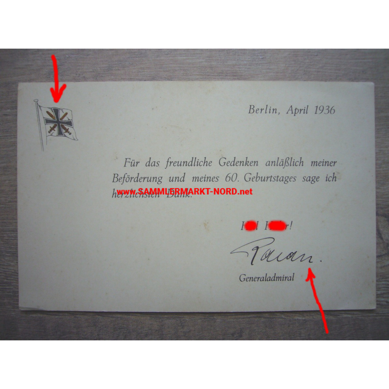 Kriegsmarine - Großadmiral ERICH RAEDER - Autograph - Danksagung 1936