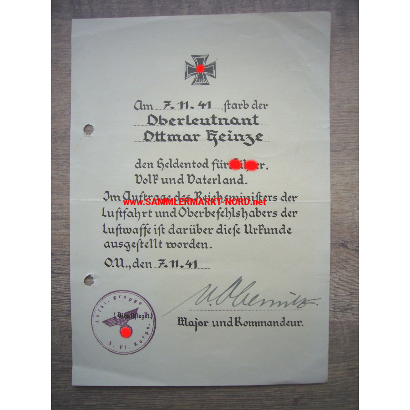 Luftwaffe - Heroic Death Certificate - Major HANNS GÜNTHER VON OBERNITZ - Autograph