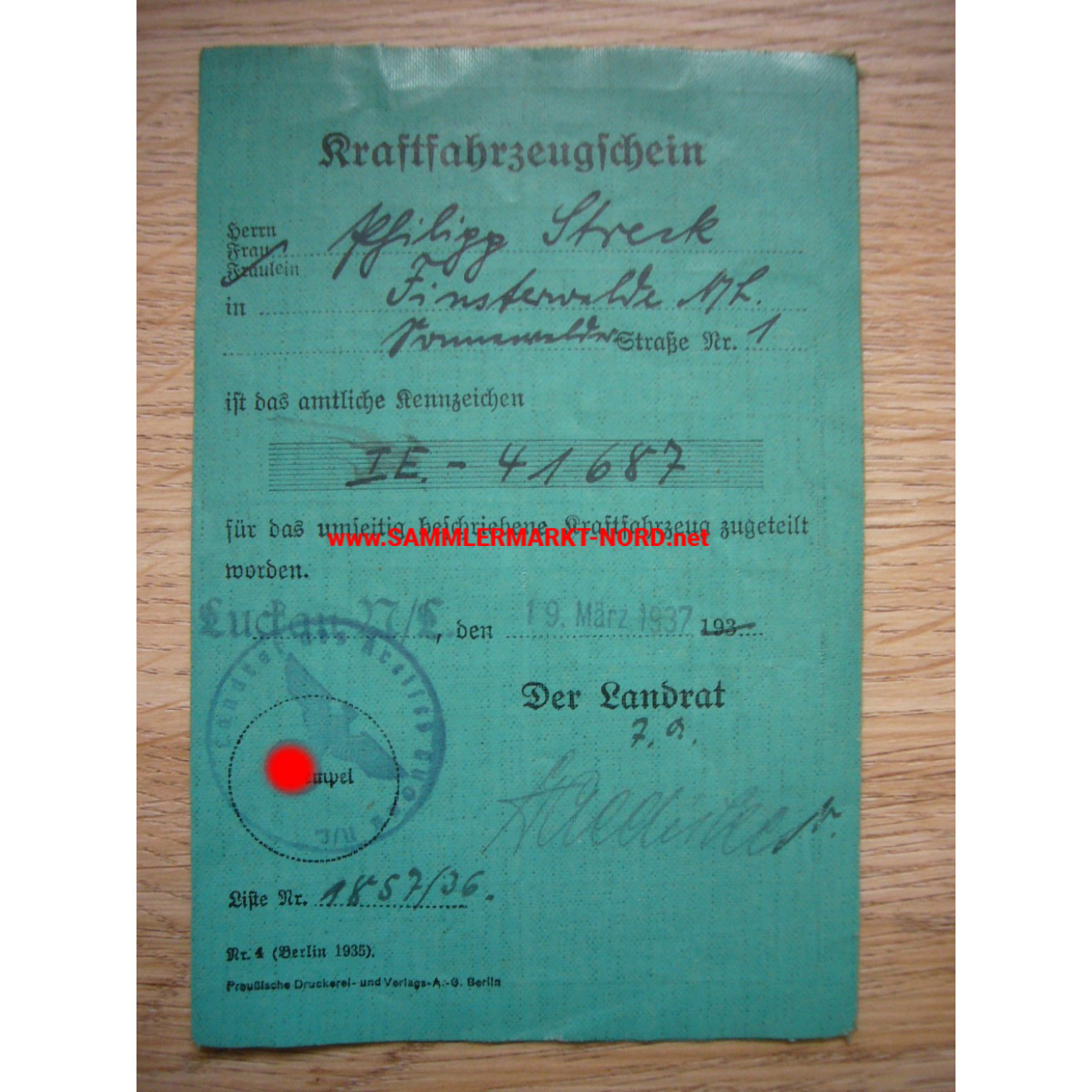 Motor vehicle licence for DKW motorbike - Luckau 1937