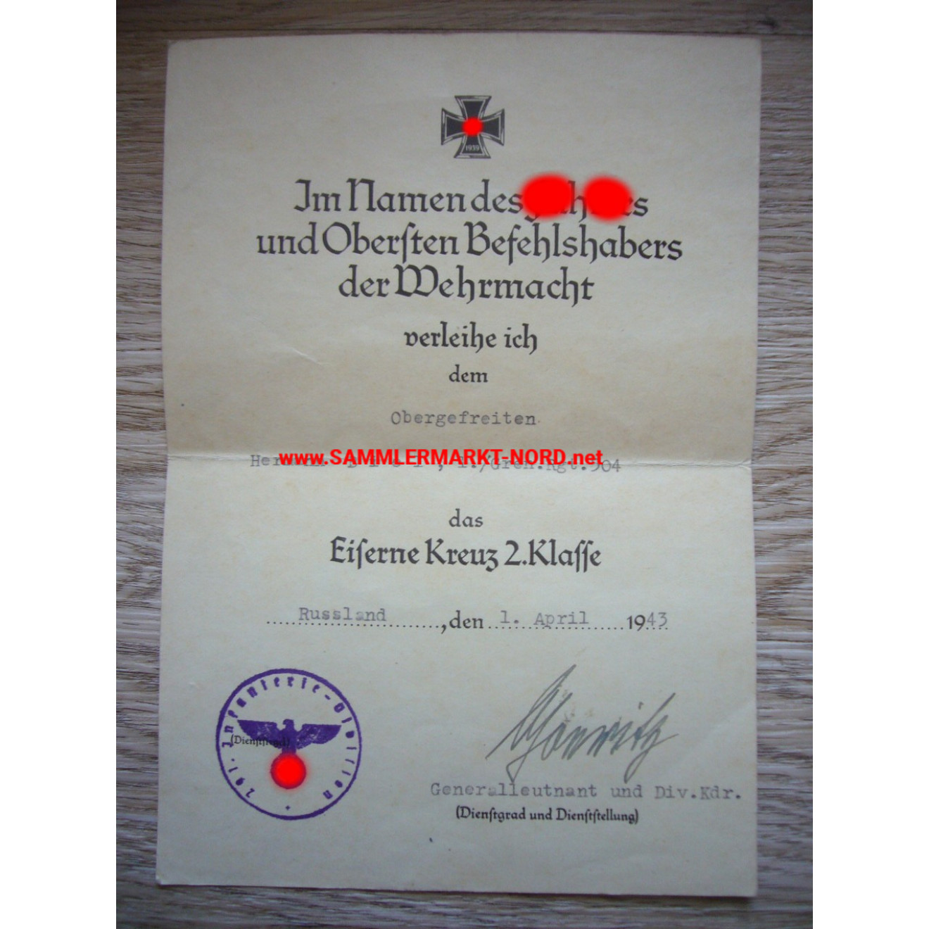 EK Urkunde - 291. Infanterie Division - Generalleutnant WERNER GOERITZ - Autograph