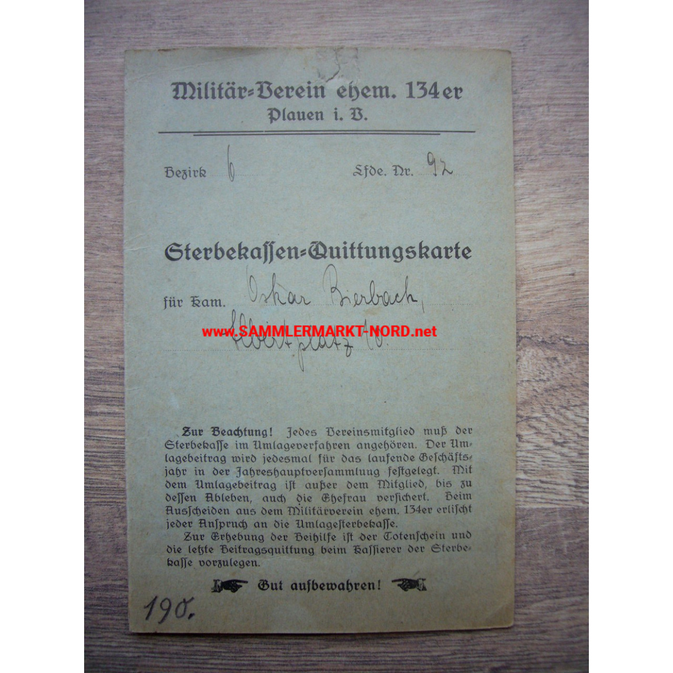 Military Association of the former 134, Plauen im Vogtland - Death Fund Receipt Card