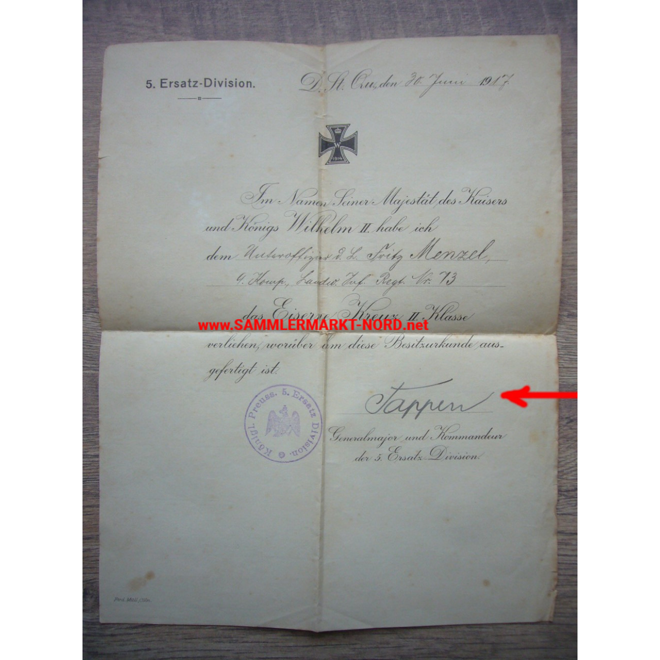 Iron Cross Certificate - Major General GERHARD TAPPEN (Pour le Merite) - 5. Reserve Division