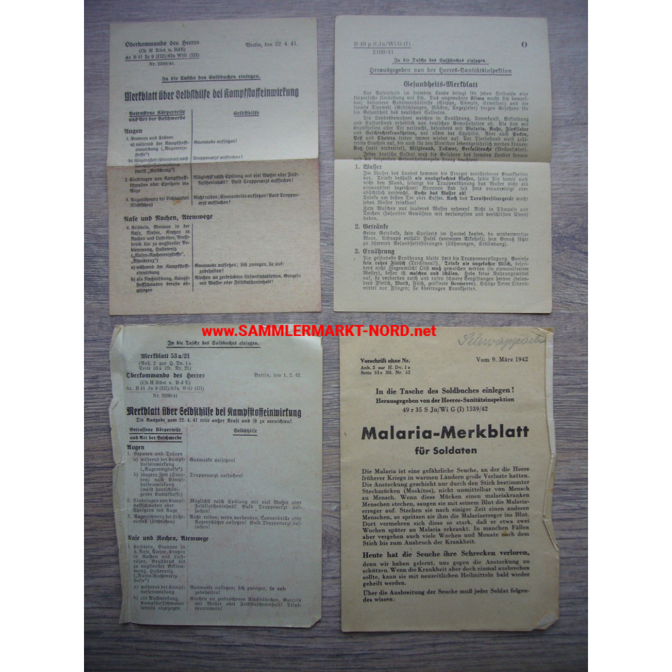 4 x leaflet for the Soldbuch - malaria, warfare agents, etc.