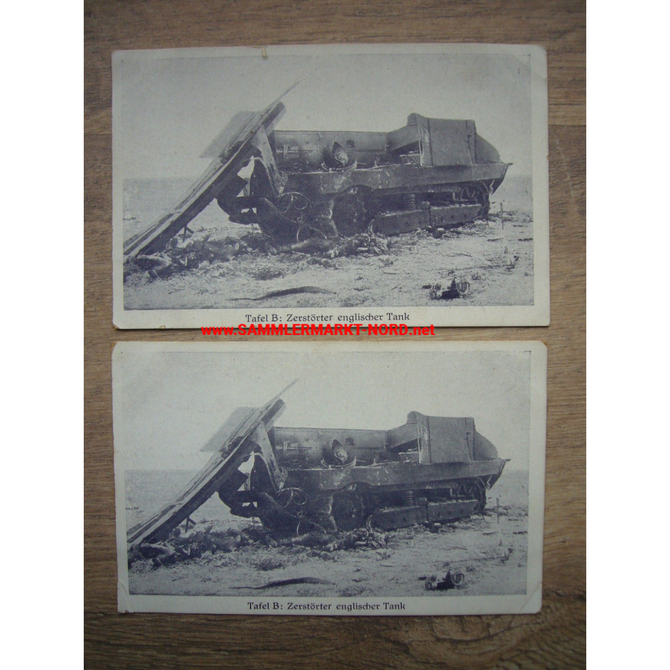2 x Postkarte 1918 - zerstörter britischer Panzer