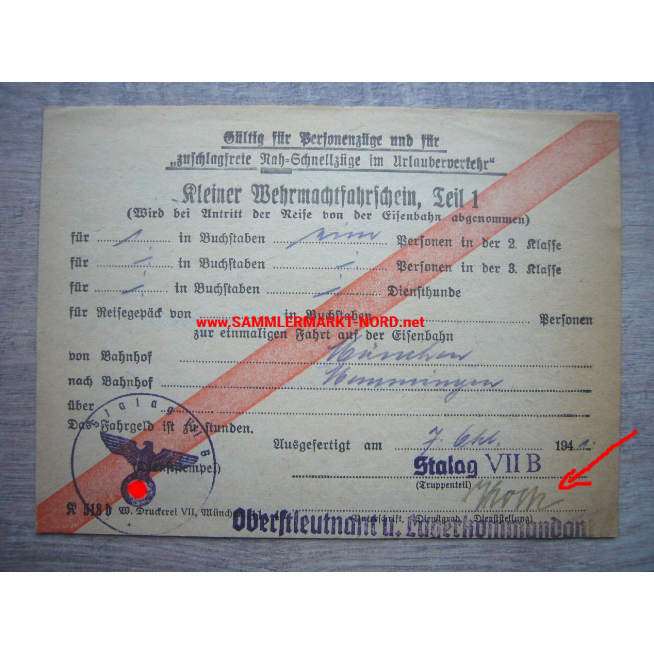 Wehrmacht Stalag VII B (Memmingen) - Lagerkommandant Oberstleutnant KOCH - Autograph