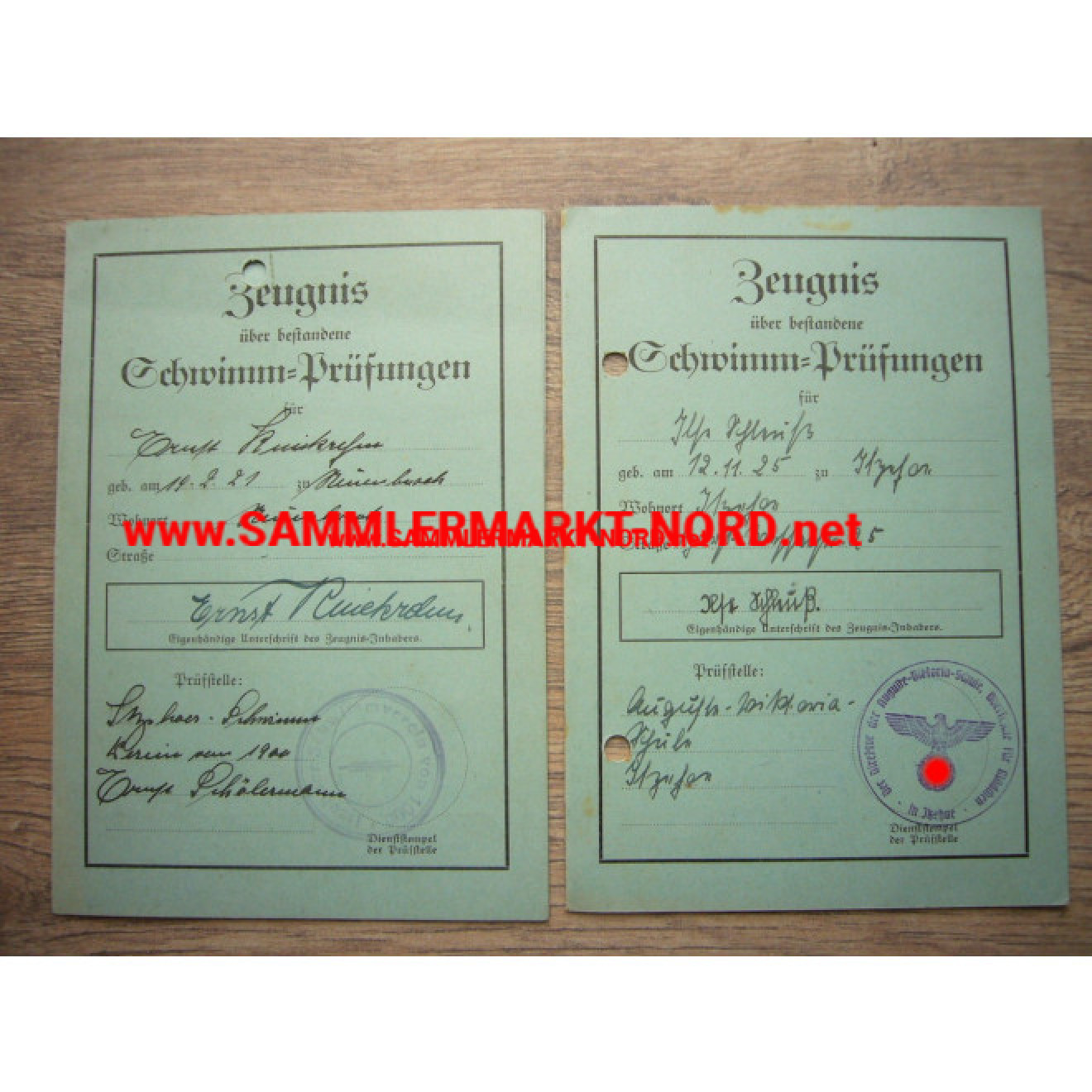 2 x certificate for passed swimming tests 1938