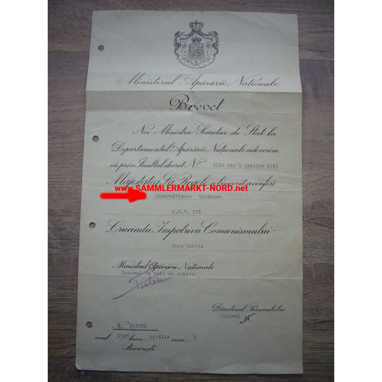Rumänien - Urkunde für die Medaille Kreuzzug gegen den Kommunismus 1941