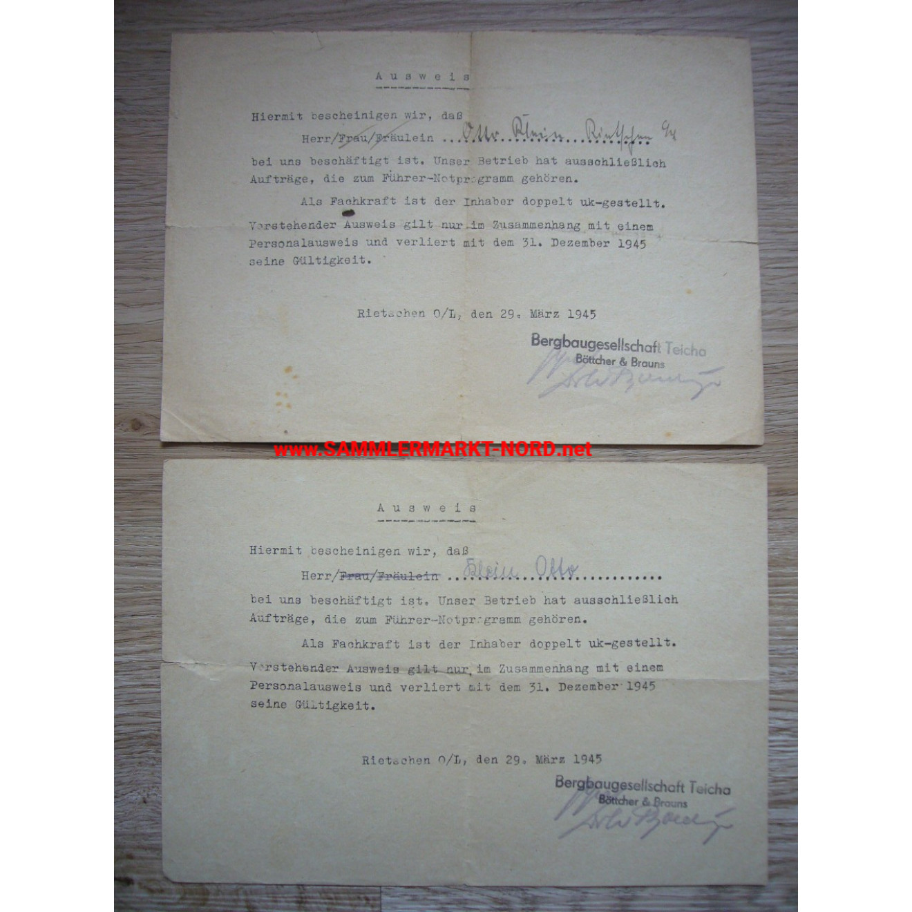 2 x identity card - Leader emergency programme March 1945 - Teicha mining company