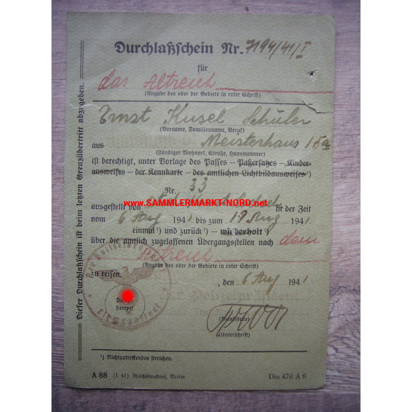 Passage licence for the old Reich - 1941