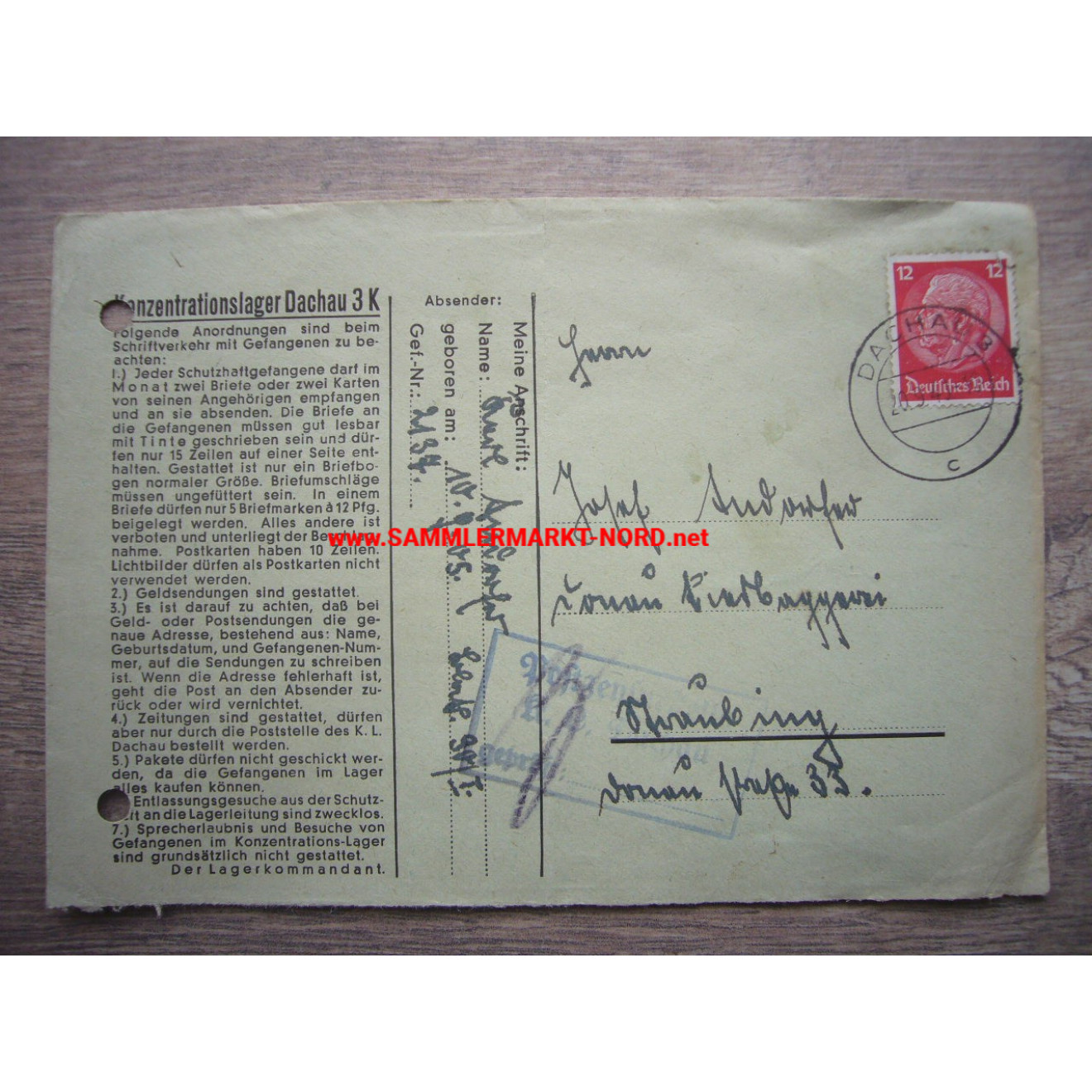 Dachau concentration camp 3 K - Envelope of a political prisoner - 1940