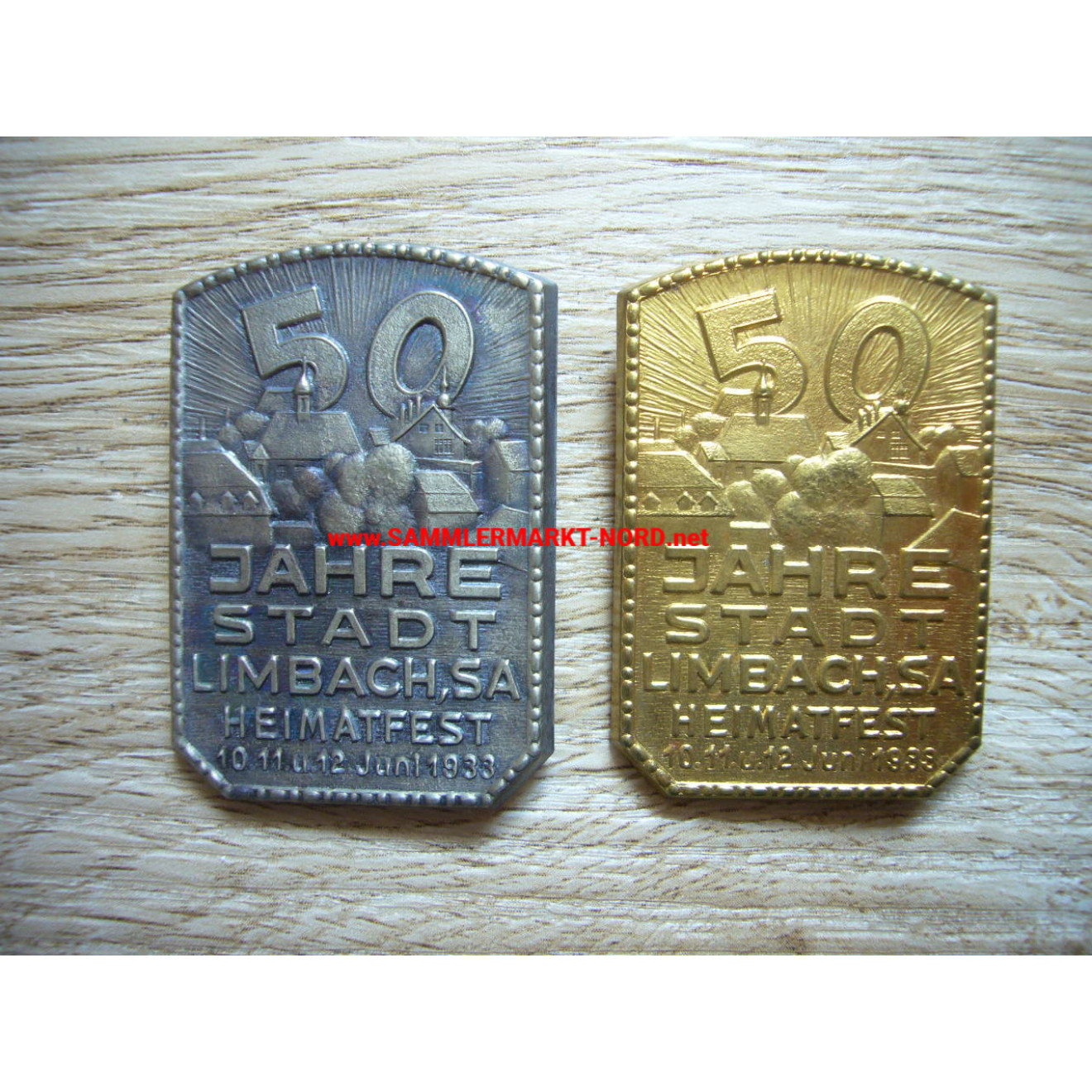 2 x 50th anniversary of the town of Limbach / Saxony 1933 - tin badge
