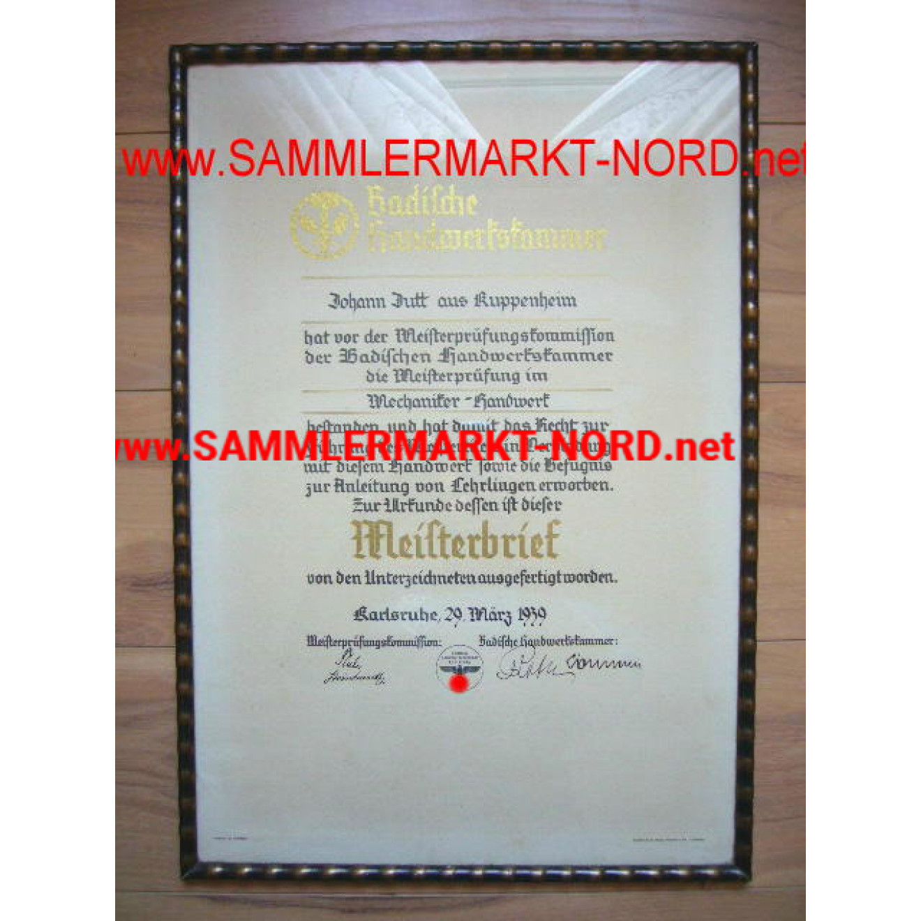 Master's certificate of the chamber of trade of Baden
