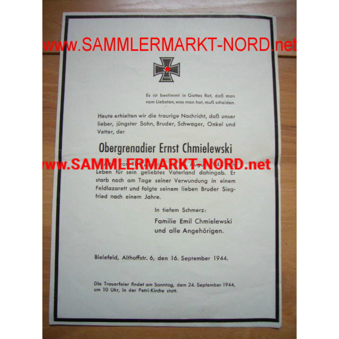 Death notice of a Obergrenadier 1944