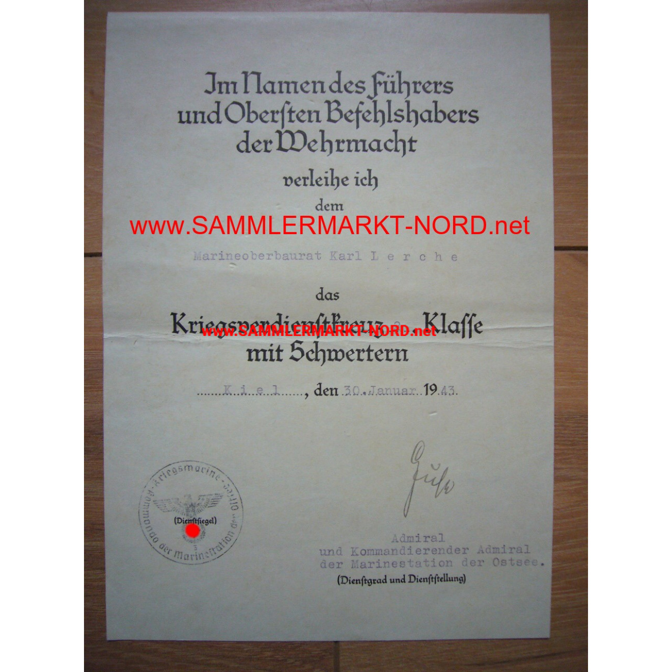 Kriegsmarine - Award certificate to the War Merit Cross 2nd Clas
