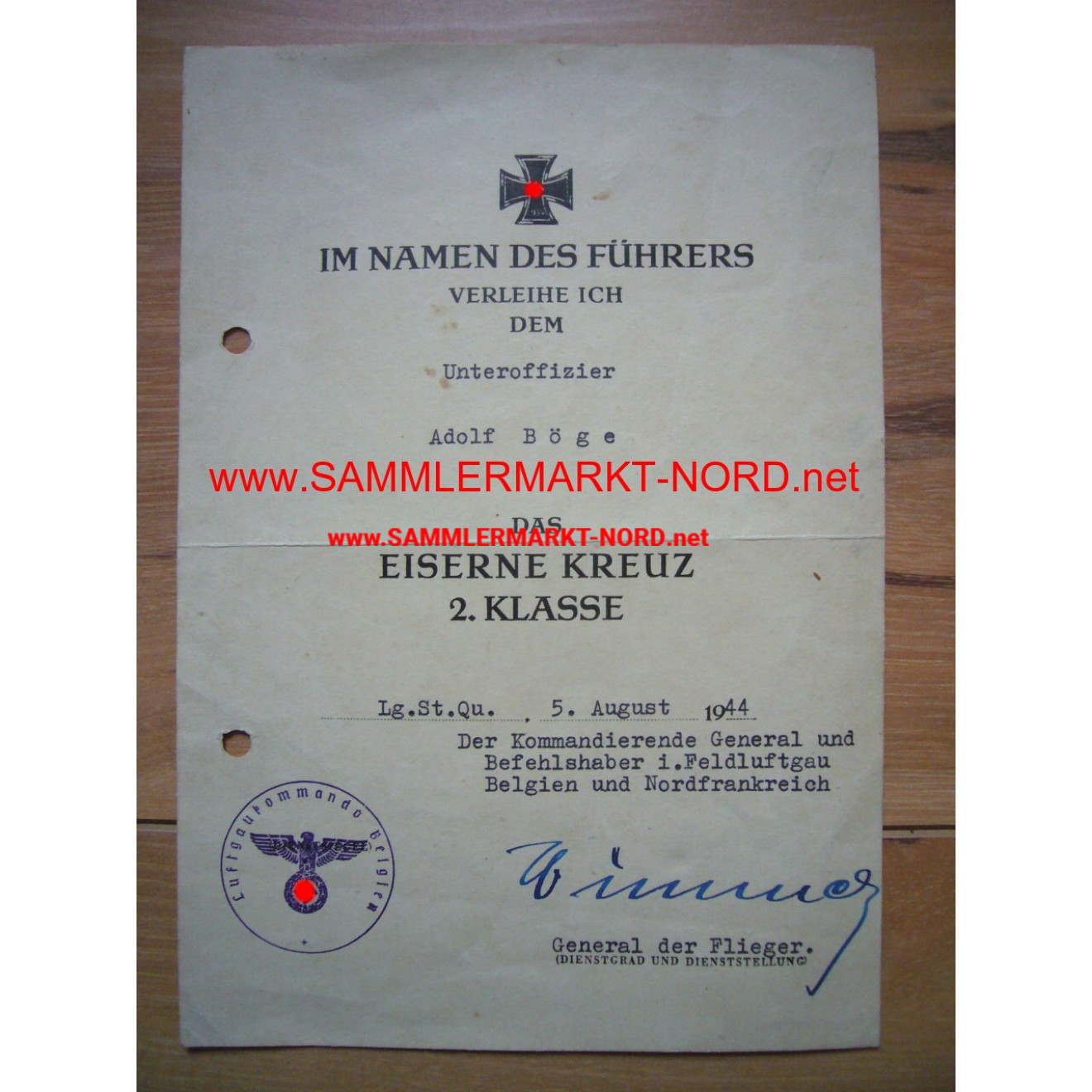 Award certificate for the Iron Cross 2nd class - Luftgaukommando