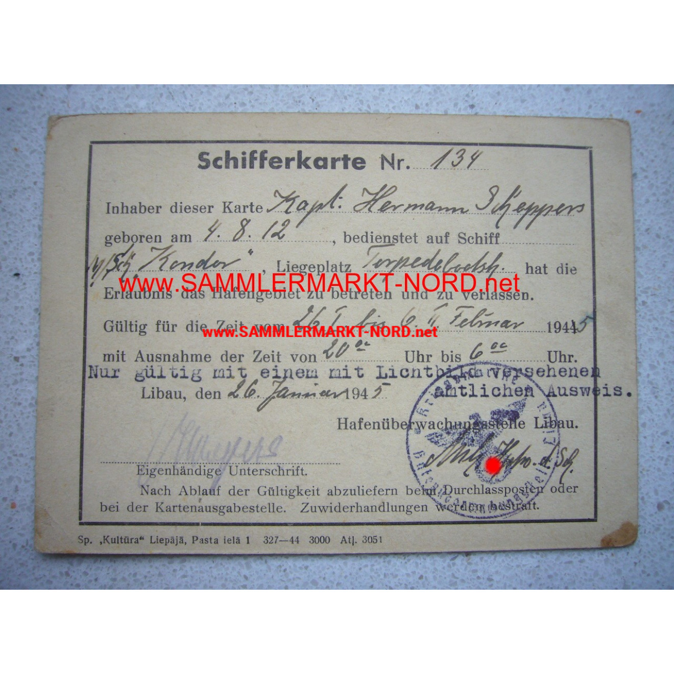 Kriegsmarine - Schifferkarte Nr. 134 für den Hafen LIBAU