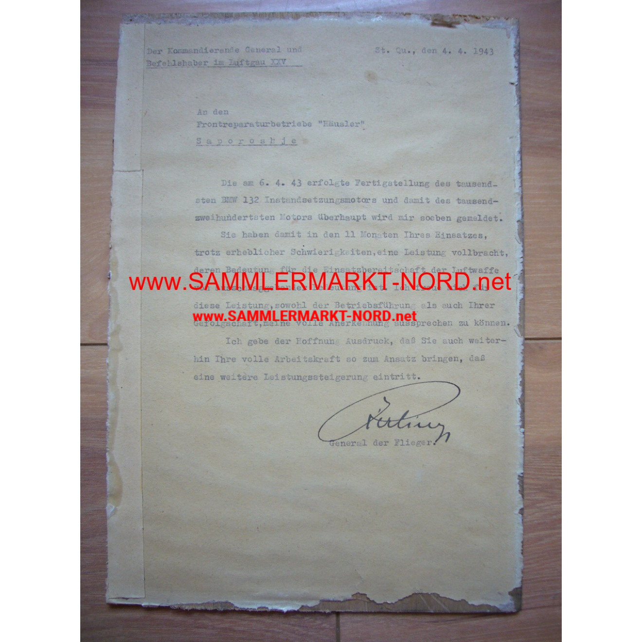Luftwaffe - Certificate of Appreciation for a front repairer bus