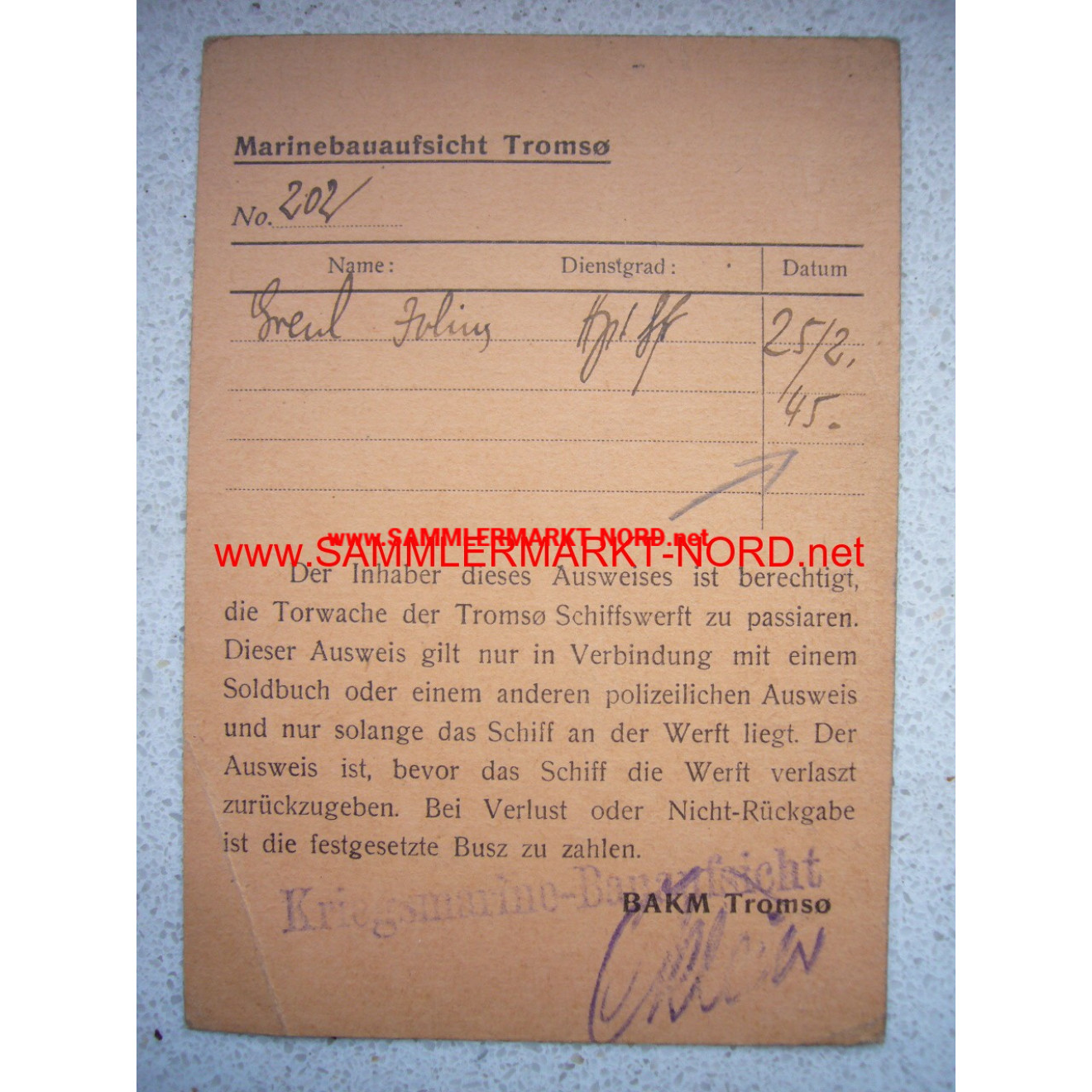 Kriegsmarine Shipyard in Tromso (Norway) - ID Card