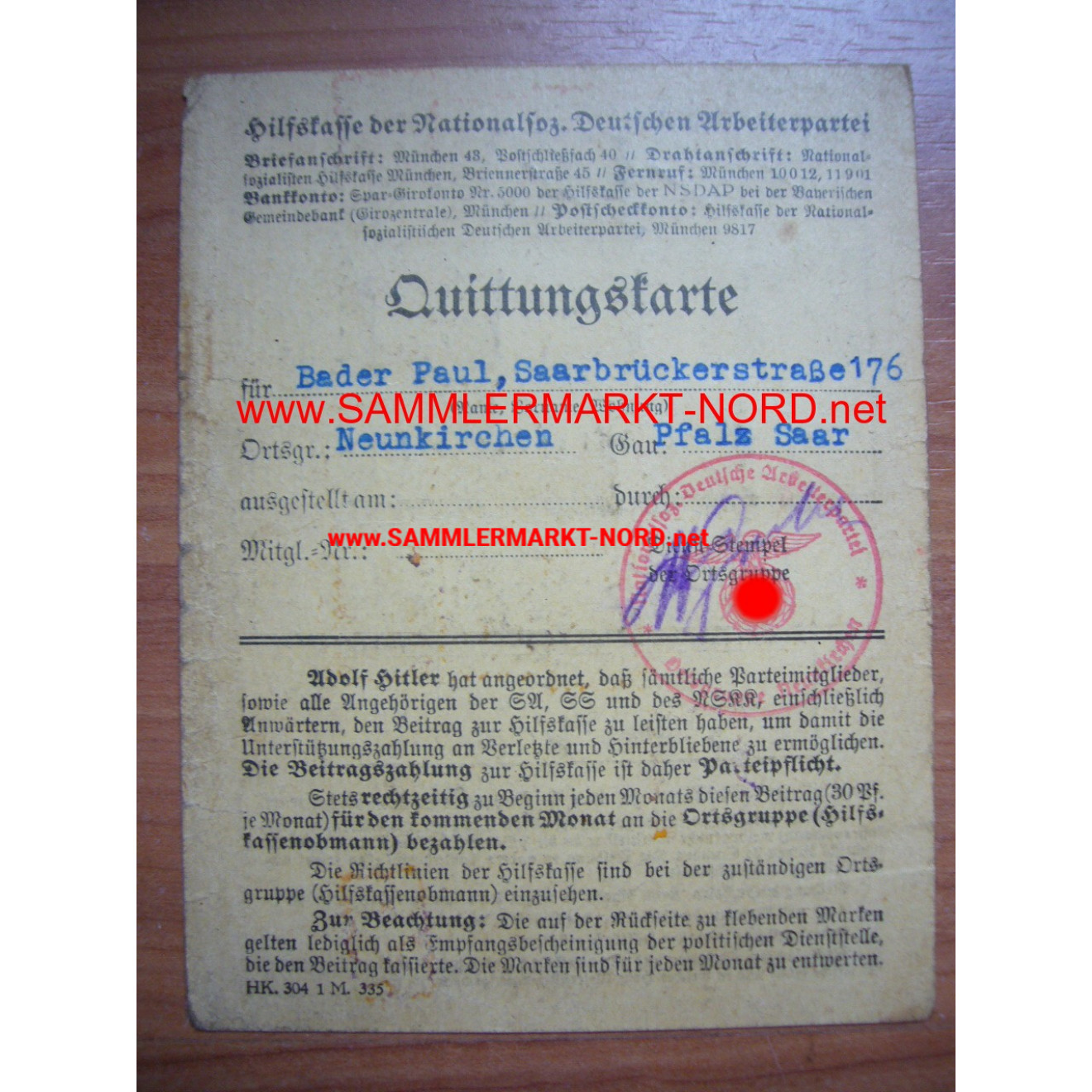 Auxiliary Fund of the NSDAP - Receipt Card - PAUL BADER