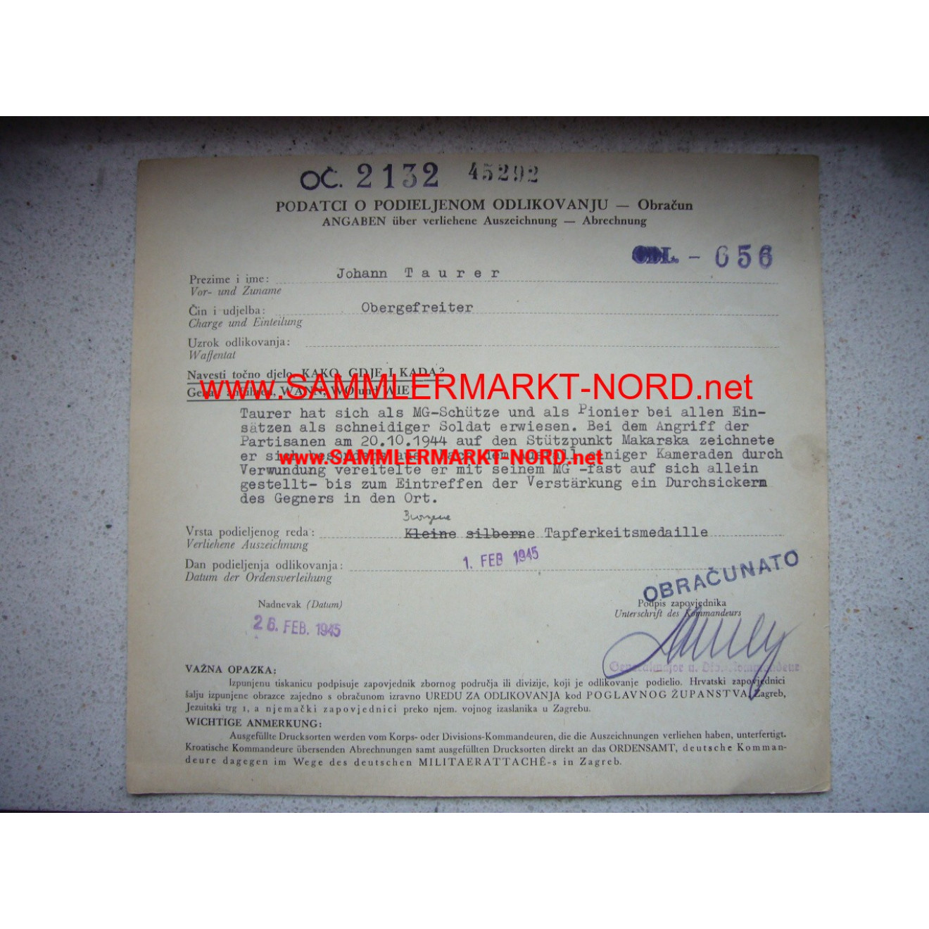 Kommandeur 118. Jäger Division - Autograph von Generalmajor HUBE