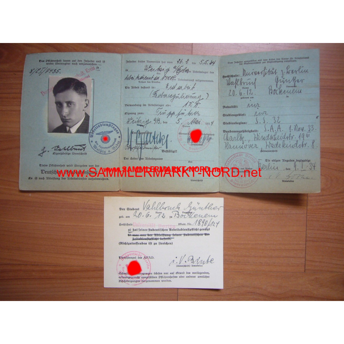 Studentischer Arbeitsdienst 1934 - Pflichtenheft / Ausweis