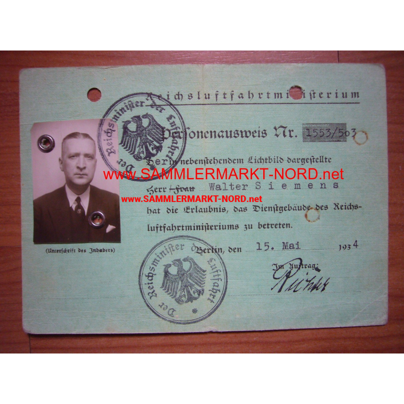 Reichsluftfahrministerium - Personalausweis Oberst Walter Siemen