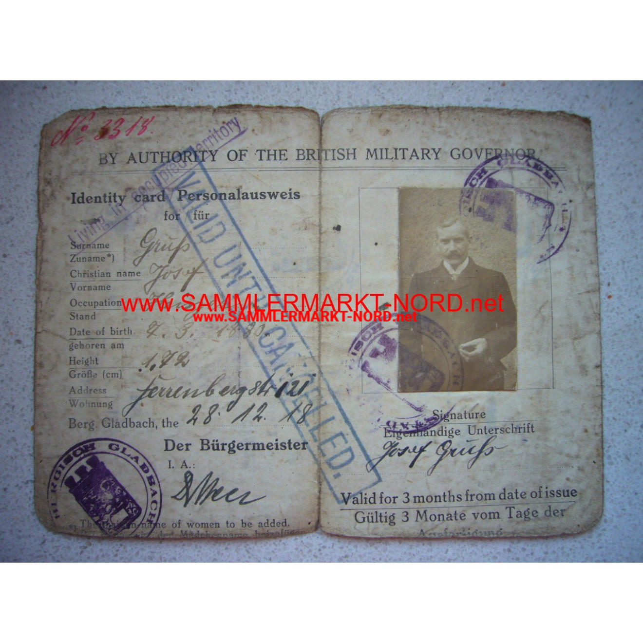 Personalausweis Bergisch-Gladbach - Britische Besatzung 1918