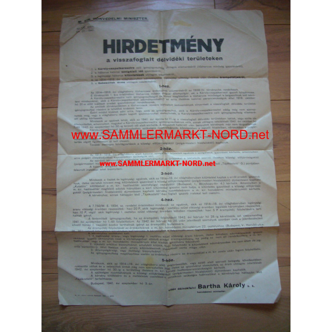 Ungarn 1941 (Honved) - Großes Plakat "Hirdetmeny"