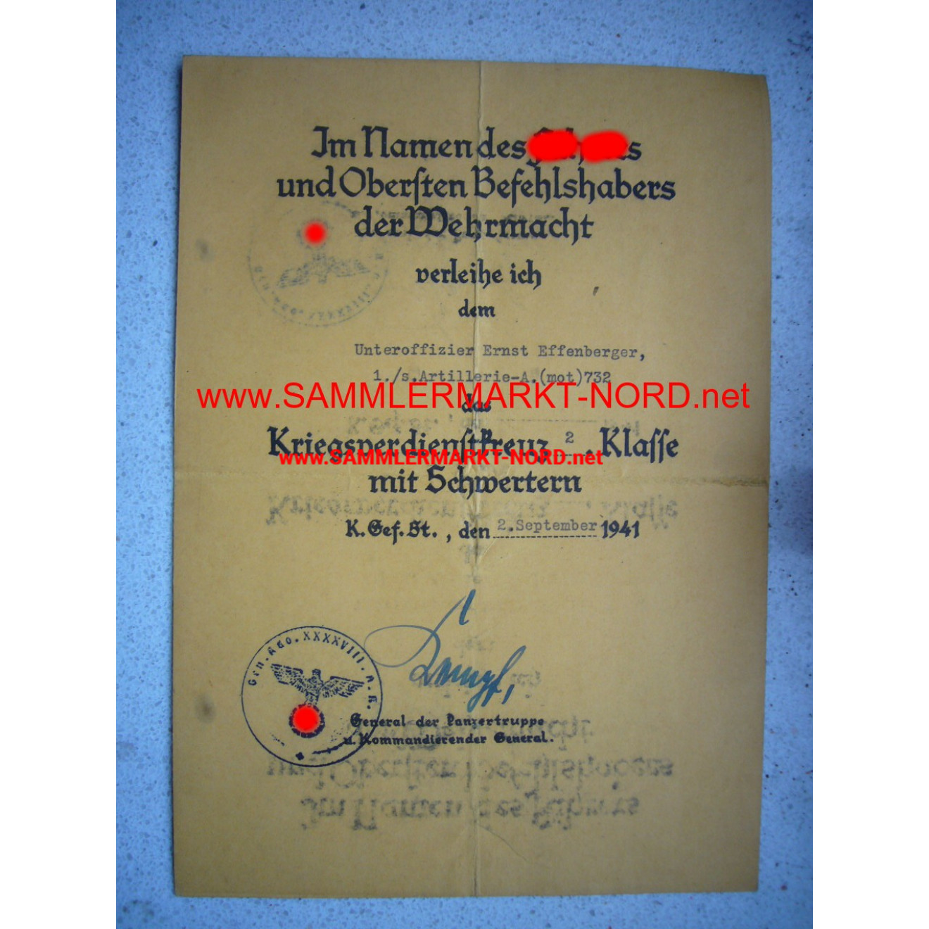 KVK Award Certificate (Orange!) - General WERNER KEMPF - Autogra