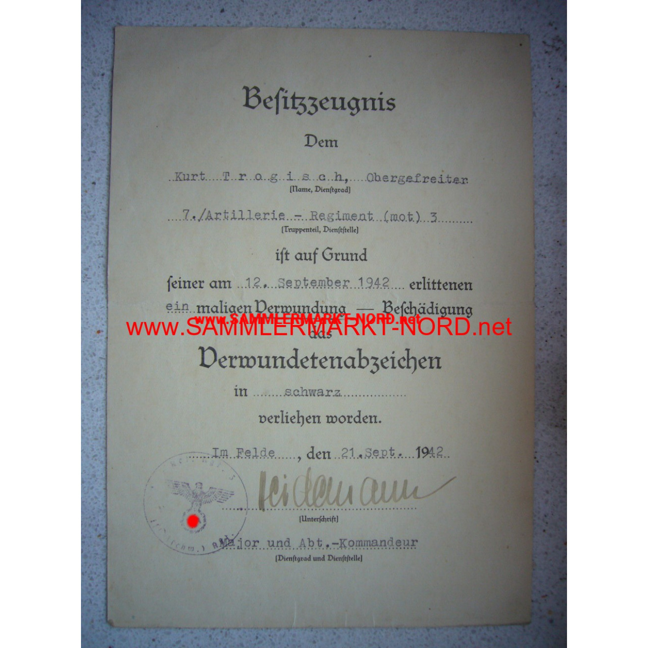 VWA Urkunde - AR 3 - Major KURT HEIDEMANN Autograph