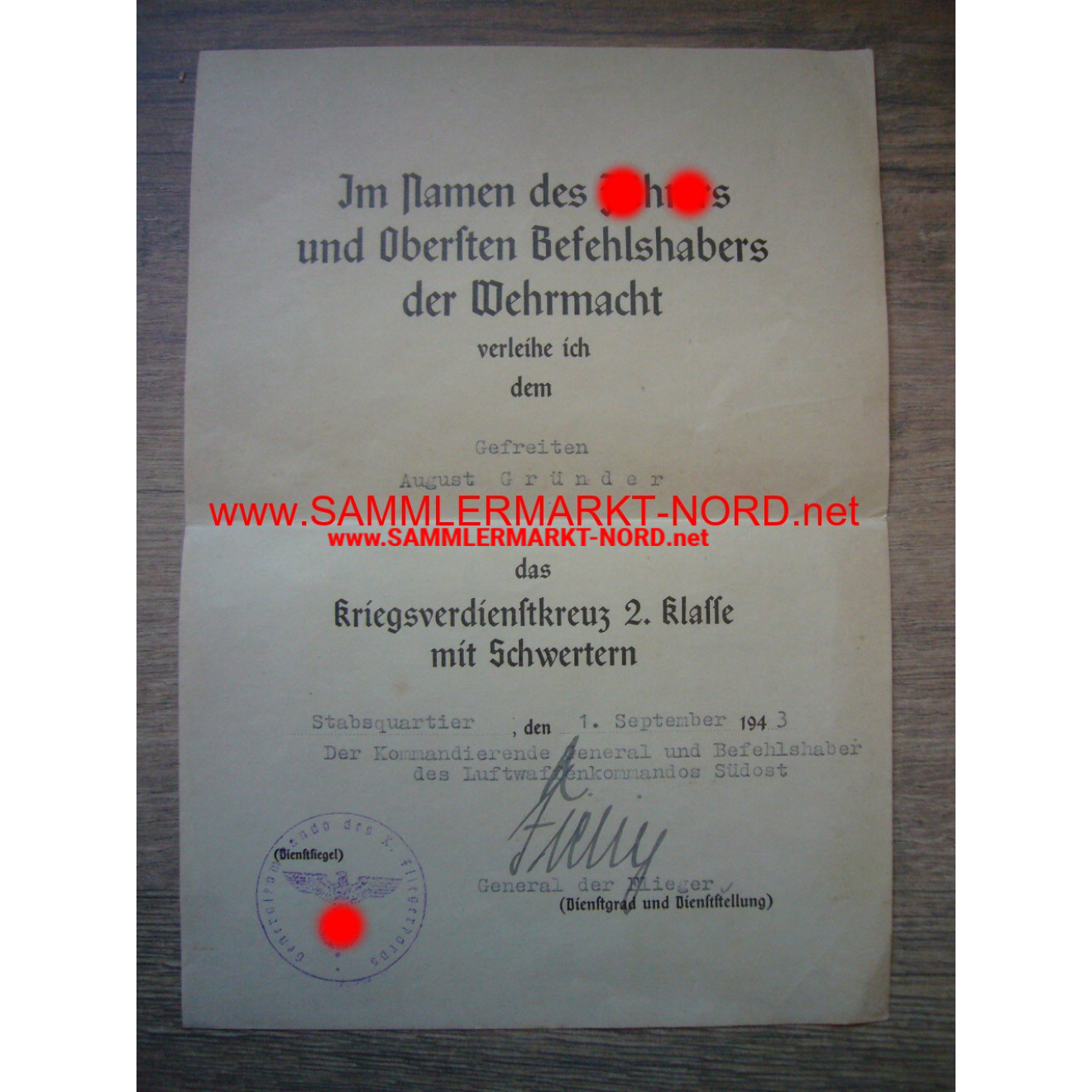 KVK Certificate - General MARTIN FIEBIG - Autograph