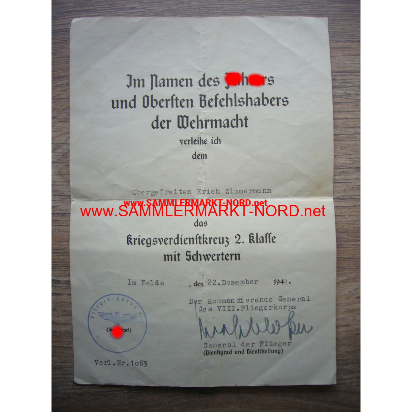 Luftwaffe KVK Urkunde - General WOLFRAM VON RICHTHOFEN - Autogra