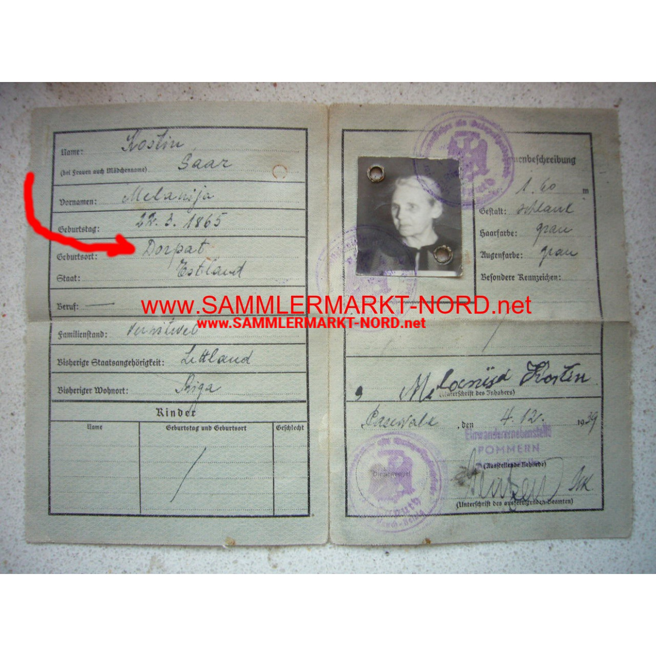 Returnee card - Estonia / Latvia 1939