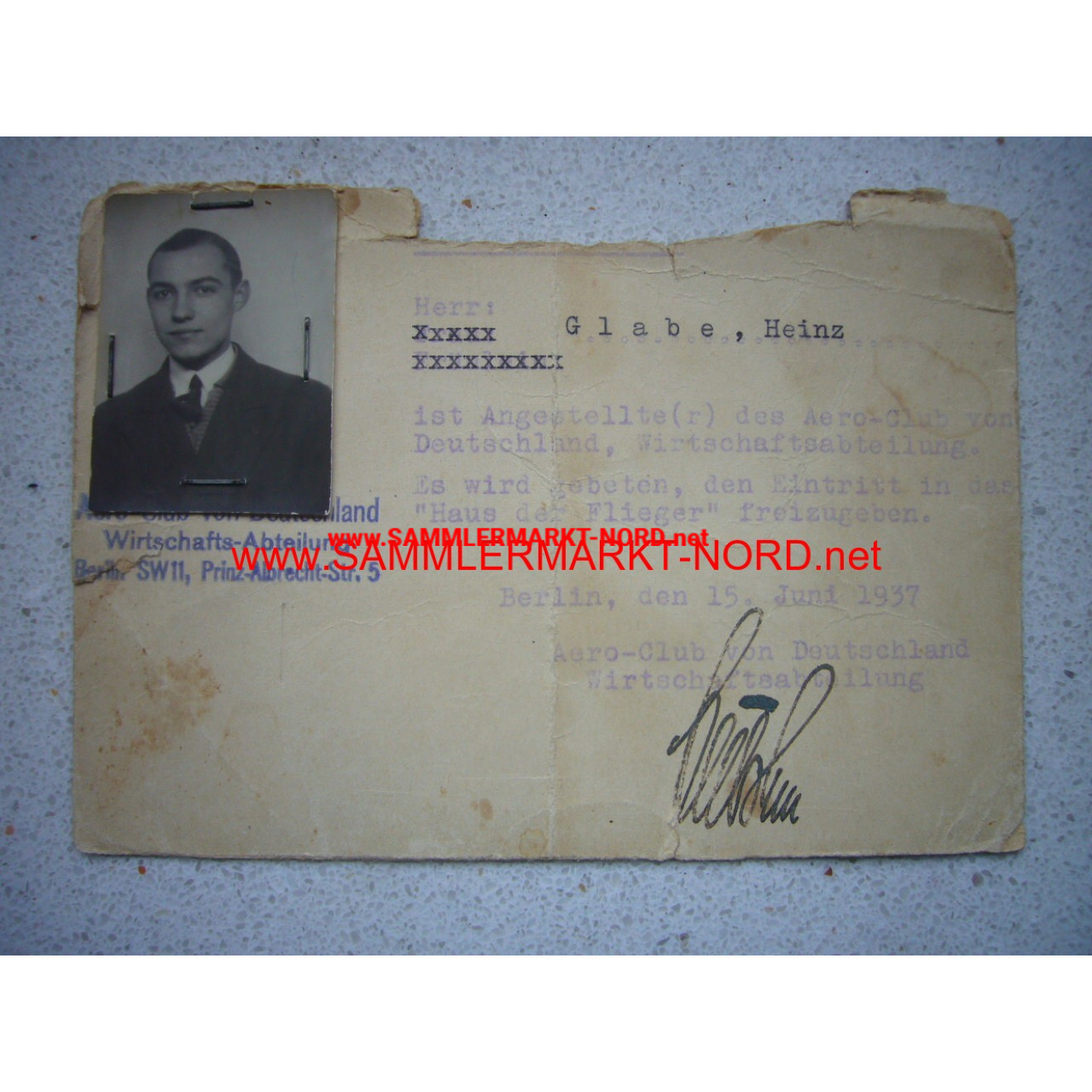Aero Club Germany - ID card 1937