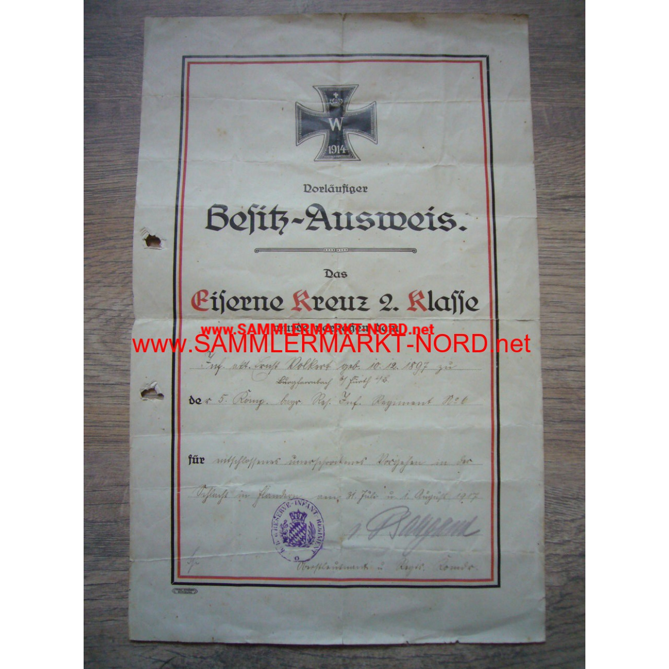 Certificate of the Iron Cross - Flanders 1917