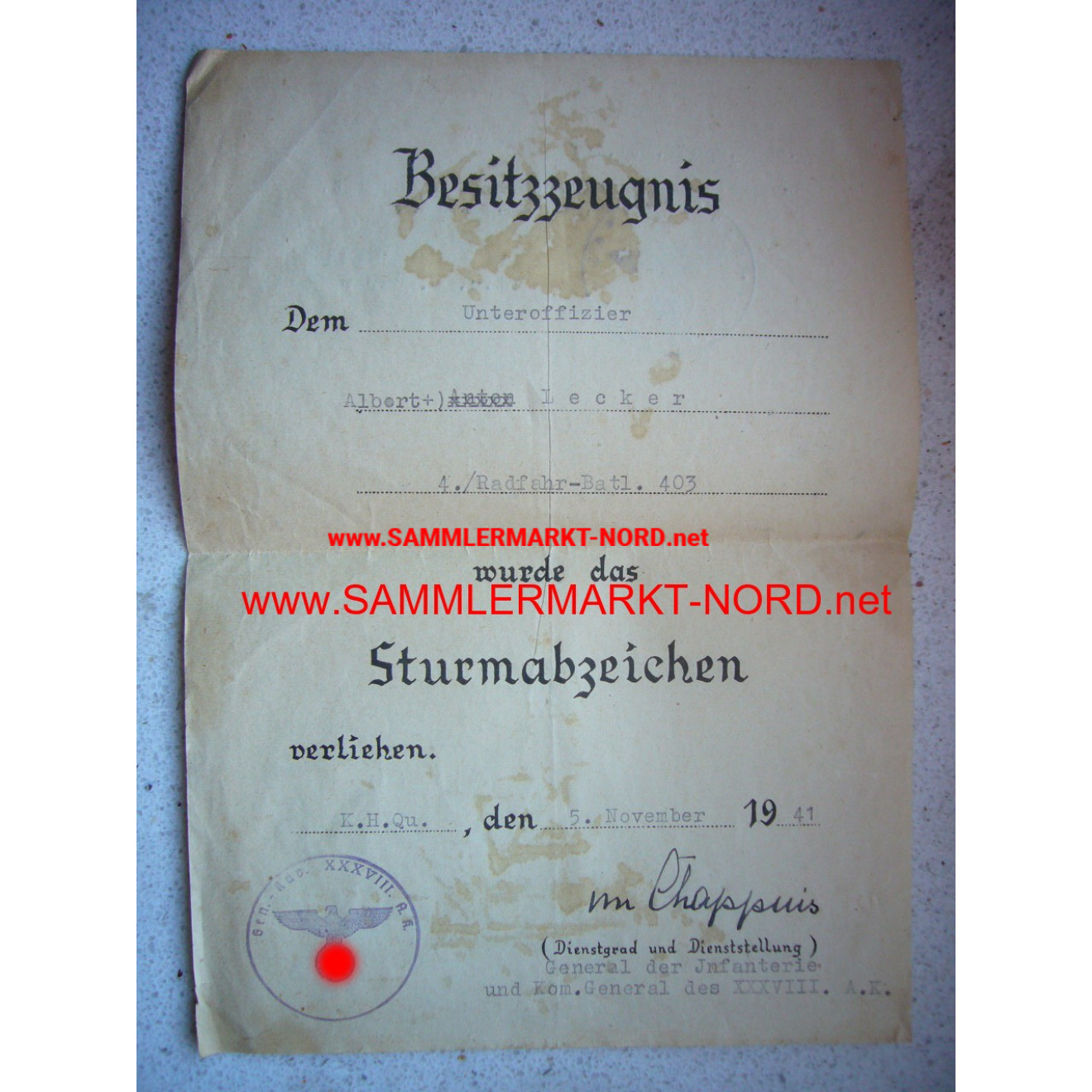 Urkunde Sturmabzeichen - General VON CHAPPUIS - Autograph
