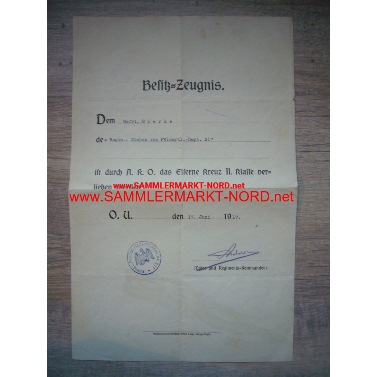 Certificate Iron Cross - Feldartl. Reg. 217