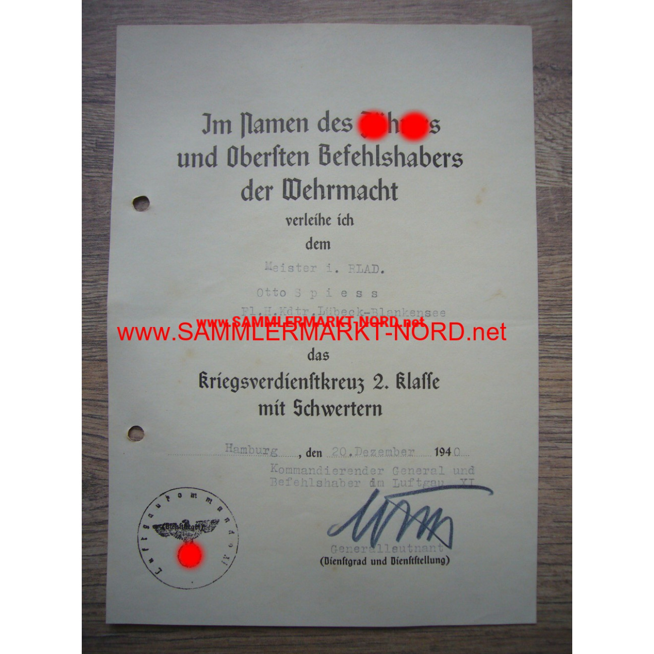 KVK Urkunde - Generalleutnant LUDWIG WOLFF - Autograph