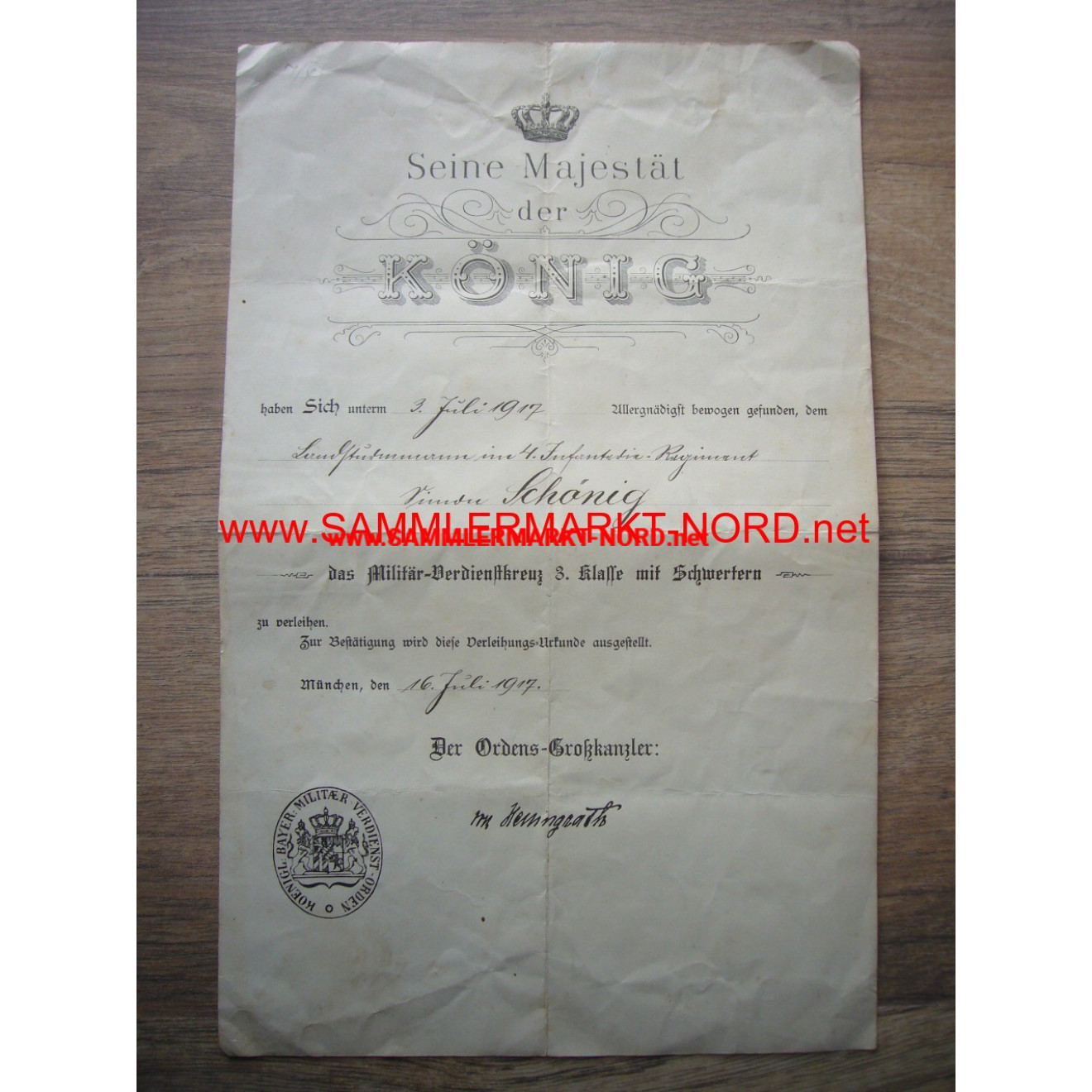 Bayern Militär-Verdienstkreuz - Urkunde 1917