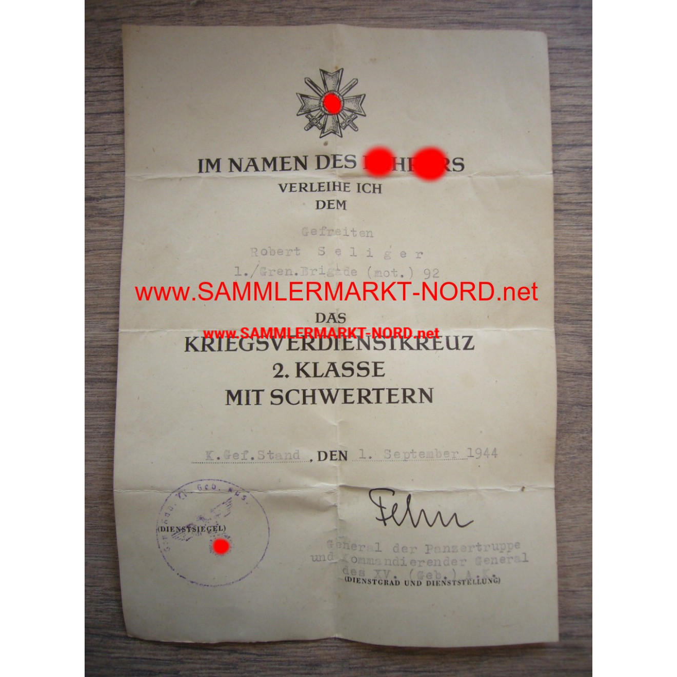 General der Panzertruppe GUSTAV FEHN (Ritterkreuz) - Autograph