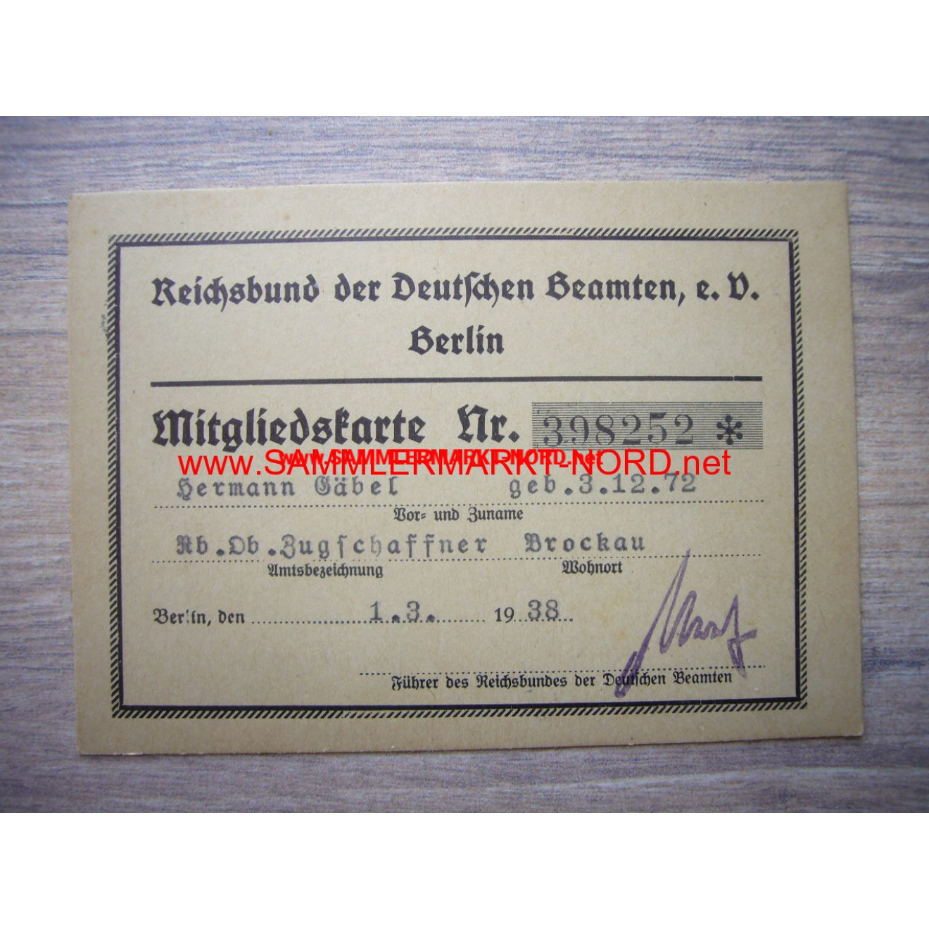 Reichsbund der Deutschen Beamten e.V. - membership card