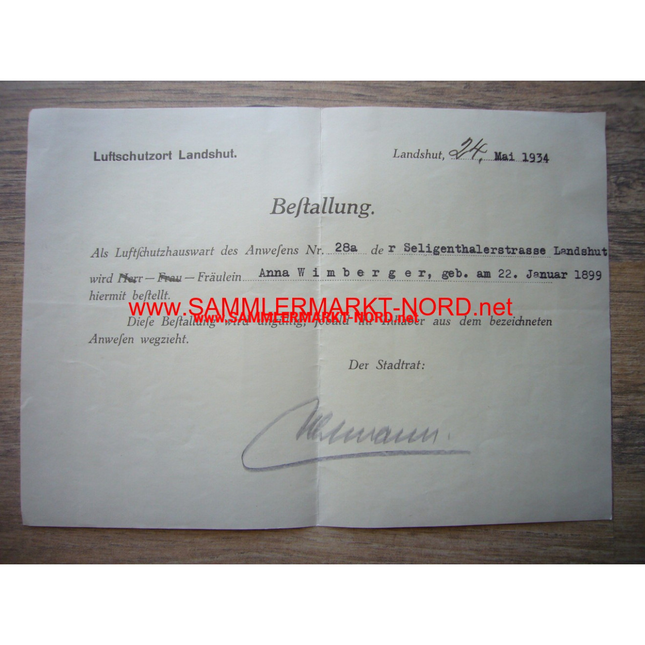 RLB Luferschutzort Landshut - certificate of appointment 1934