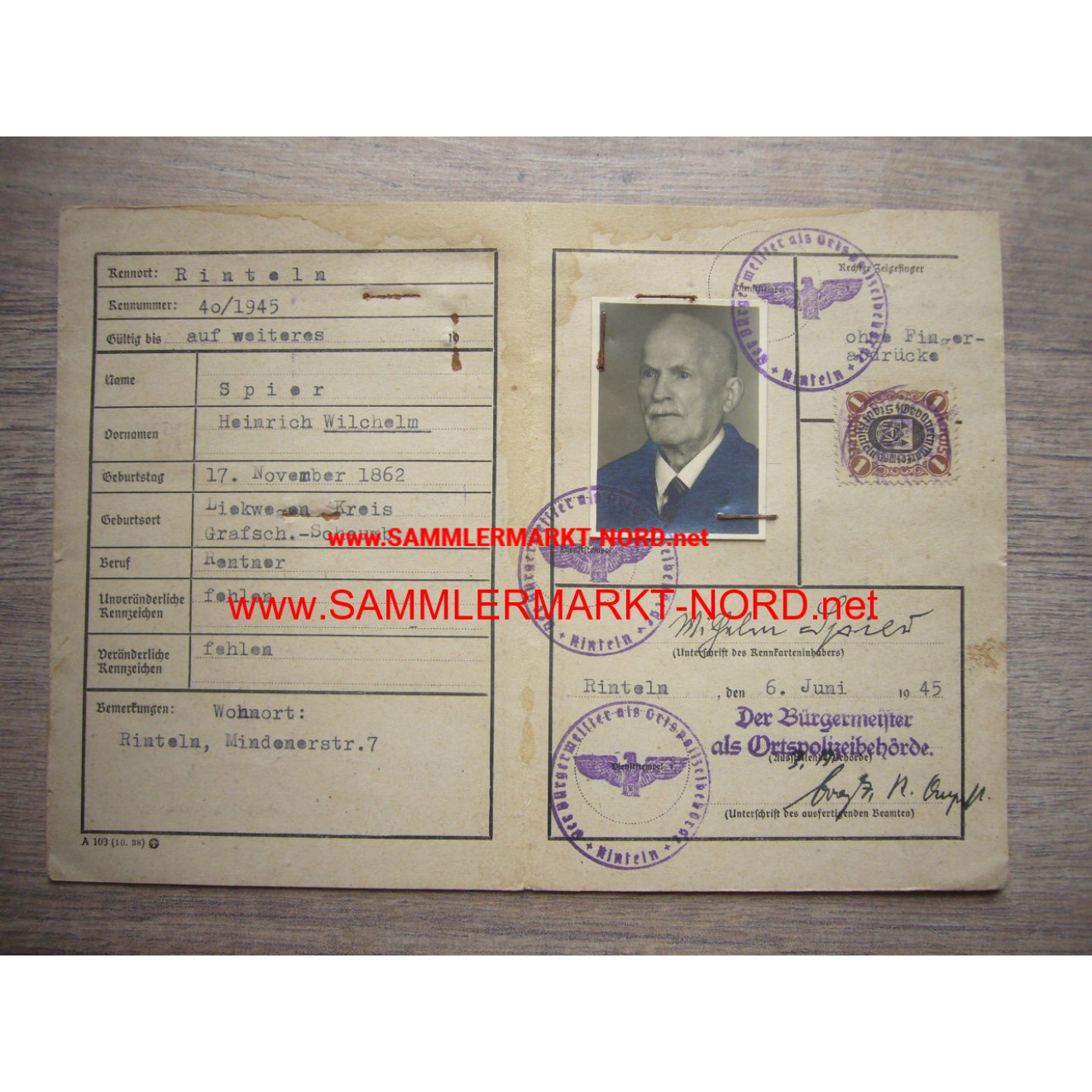Emergency ID - Rinteln (Weser) June 6, 1945