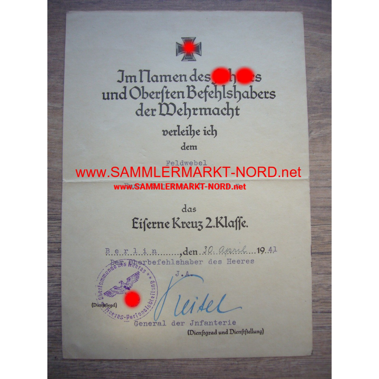 EK certificate - General BODEWIN KEITEL - autograph