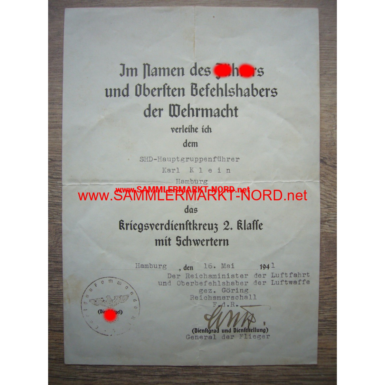 KVK Urkunde - General LUDWIG WOLFF - Autograph