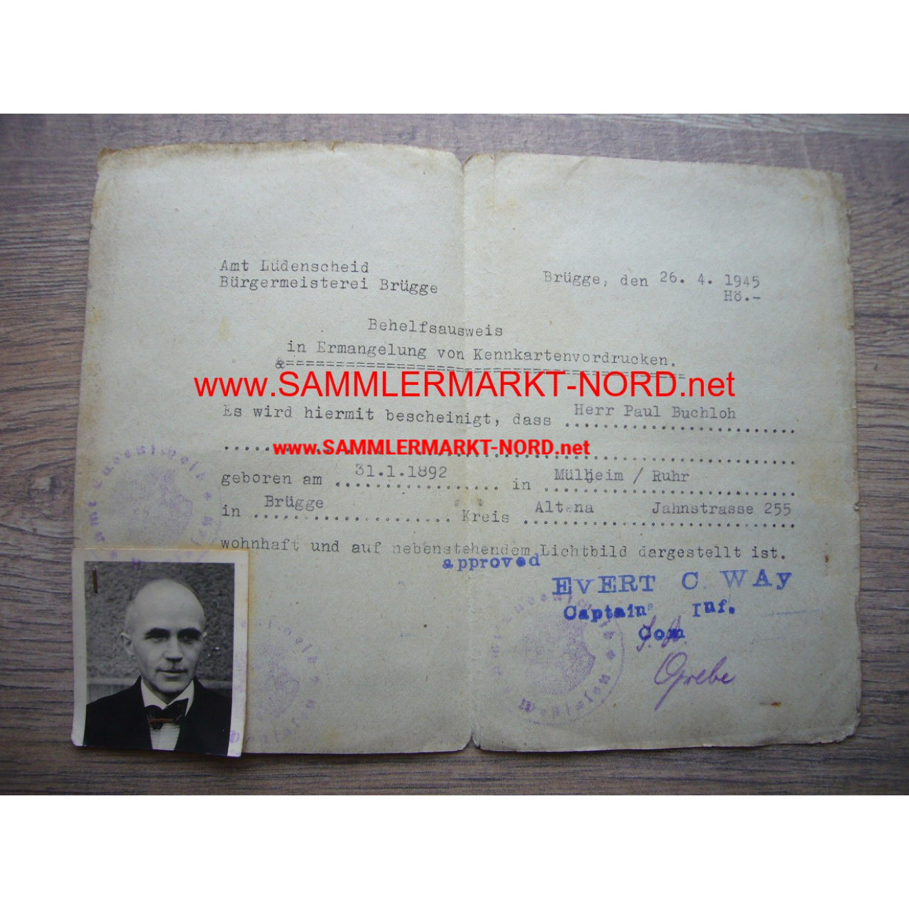 Temporary ID card - Bruges (Westphalia) April 26, 1945