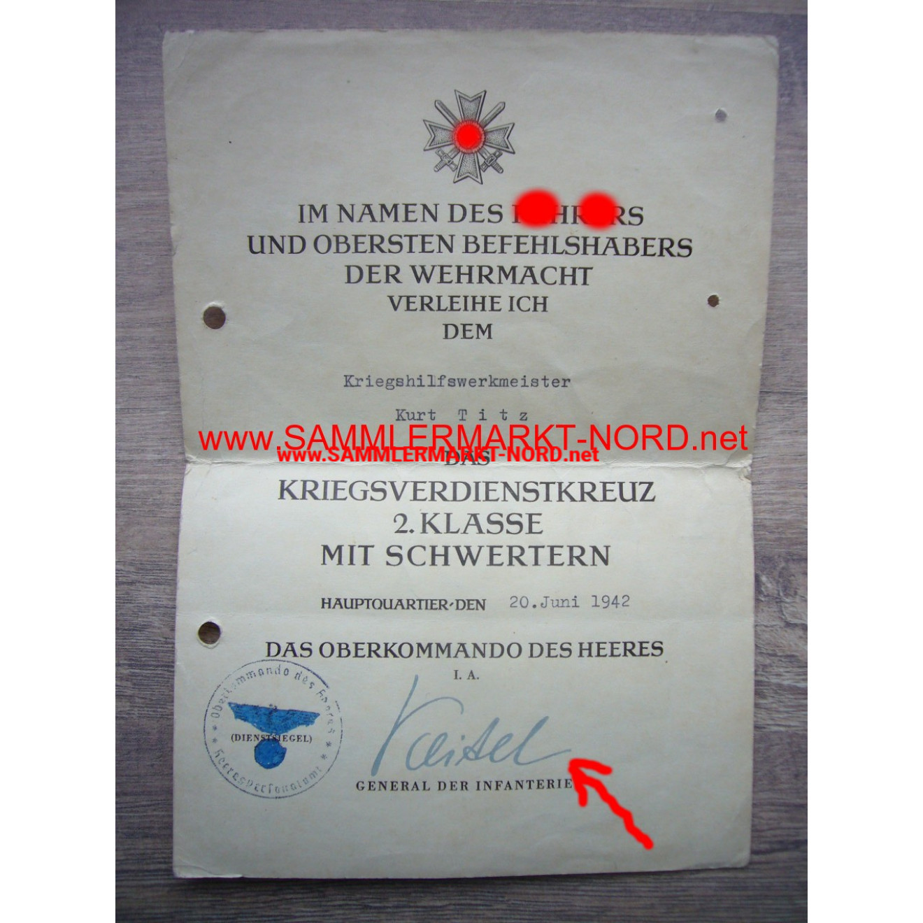 KVK Urkunde - General BODEWIN KEITEL - Autograph